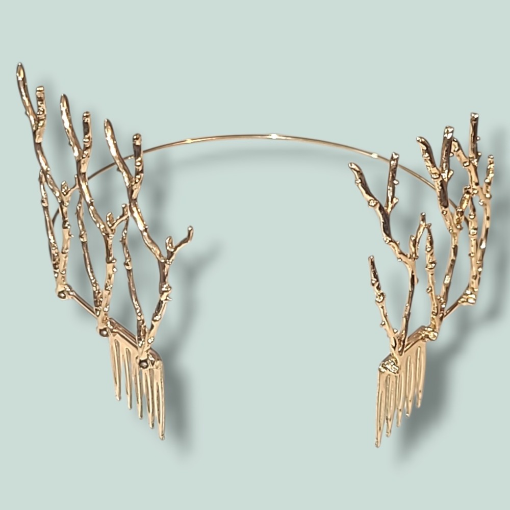 Gold Tone Twig Branch Tiara Headband Woodland Crown Hair Comb Nature